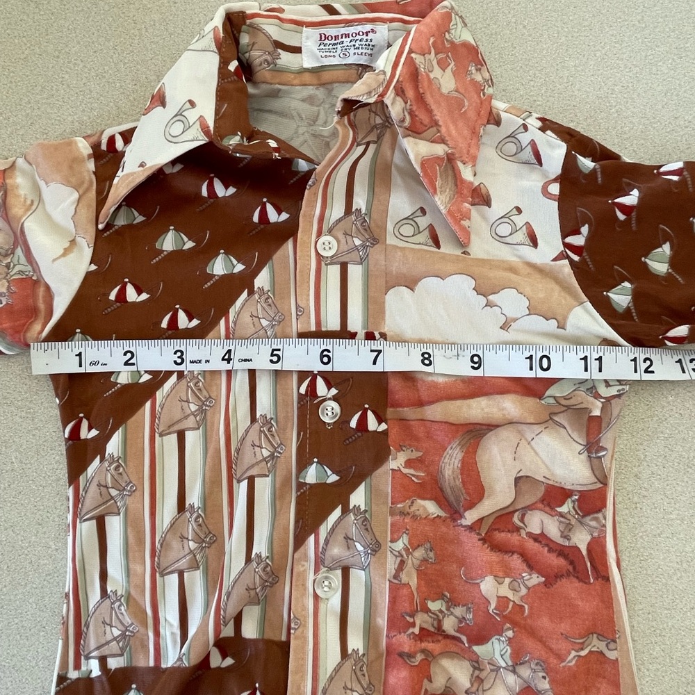 Vintage 70s Donmoor Youth Novelty Print Equestrian Patchwork Shirt Boys Vtg 5 - Picture 12 of 16